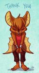  anthro barefoot bat big_ears blush bowing bracelet brown_fur claws clothed clothing dialogue digitigrade dingbat dingbat_(character) eyes_closed fur hands_together jewelry mammal pants shadow shirt simple_background solo standing talking_to_viewer tank_top text thankful torn_clothing winged_arms wings 