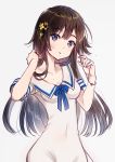  arms_up bangs blue_bow blue_eyes blush bow bracelet breasts brown_hair chagoon cleavage covered_navel dress eyebrows_visible_through_hair flower grey_background grey_hair hair_between_eyes hair_flower hair_ornament head_tilt highres jewelry long_hair looking_at_viewer multicolored_hair original parted_lips sailor_collar shiny shiny_hair short_sleeves simple_background solo standing sweat sweatdrop upper_body white_dress 