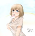  bangs blonde_hair blue_eyes blush boxreeema character_name commentary dated eyebrows_visible_through_hair food food_in_mouth girls_und_panzer katyusha looking_at_viewer mouth_hold popsicle shirt shirt_tug short_hair solo standing sweat t-shirt twitter_username upper_body white_shirt 