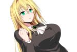  1girl black_clothes blonde_hair blush breasts brooch closed_mouth formal game_cg glasses green_eyes hair_between_eyes highres jewelry large_breasts long_hair looking_at_viewer nuko_majin simple_background smile solo suit tearju_lunatique to_love-ru to_love-ru_darkness upper_body 