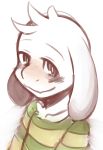  2015 anthro asriel_dreemurr black_eyes blush caprine child clothed clothing cub floppy_ears fur goat half-closed_eyes head_tuft looking_at_viewer male mammal saku1saya shirt simple_background smile solo undertale video_games white_background white_fur young 