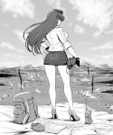 absurdres ass backpack bag bangs blouse blunt_bangs canteen closed_mouth cloud cloudy_sky commentary day fingerless_gloves from_behind frown full_body garrison_cap girls_und_panzer gloves greyscale guhanshounen halftone hand_on_hip hat high_heels highres holding_binoculars kneepits long_hair looking_at_viewer looking_back map mature military military_hat military_uniform miniskirt monochrome mountain nishizumi_shiho outdoors pencil_skirt skirt sky sleeves_rolled_up smoke solo standing straight_hair uniform walkie-talkie wind 