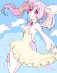  1girl audino blue_sky breasts closed_mouth cloud creatures_(company) day dress dutch_angle eyebrows_visible_through_hair female frilled_dress frills game_freak gen_5_pokemon hair_ornament happy highres leg_up long_sleeves looking_at_viewer muguet nintendo outdoors personification petals pink_eyes pink_footwear pink_hair pokemon shoes sky small_breasts smile solo tied_hair twintails yellow_dress 