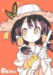  ascot bamboo_broom bangs blush_stickers broom bug butterfly butterfly_on_head character_name commentary detached_sleeves dot_nose fingernails hair_tubes hakurei_reimu hat insect looking_up medium_hair morino_hon orange_background solo straw_hat touhou upper_body yellow_eyes 