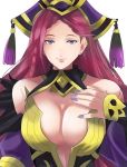  bare_shoulders braid breasts breasts_apart cleavage cleavage_cutout commentary_request ear_piercing earrings fingernails fire_emblem fire_emblem_heroes gold_trim hand_up jewelry large_breasts lavender_nails loki_(fire_emblem_heroes) long_fingernails long_hair looking_at_viewer nail_polish piercing pink_hair rem_sora410 smile solo stud_earrings tassel upper_body 