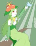  1girl arm_up breasts bug butterfly corset creatures_(company) crown detached_sleeves eyebrows_visible_through_hair female game_freak gen_5_pokemon green_background green_hair green_skirt happy highres insect light_rays lilligant long_hair medium_breasts mini_crown muguet nintendo open_mouth orange_eyes personification pokemon see-through shirt simple_background sitting skirt sleeveless sleeveless_shirt smile solo sunbeam sunlight white_shirt white_skin 