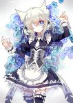  alternate_costume animal_ears athria black_legwear blue_eyes elsword eve_(elsword) eyepatch facial_mark floral_background fox_ears highres maid maid_dress open_mouth short_hair silver_hair 