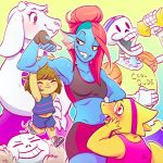  &lt;3 &lt;3_eyes 2016 alphys animated_skeleton anthro bone boss_monster caprine female fish goat group hair human humanoid kirstendoodles lizard low_res male mammal marine mother_and_child papyrus_(undertale) protagonist_(undertale) reptile sans_(undertale) scalie skeleton teeth toriel undead undertale undyne video_games 