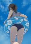  ass back brown_hair commentary day floral_print from_below hidden_face innertube mattaku_mousuke original ponytail print_innertube shirt sky solo swimsuit swimsuit_under_clothes t-shirt 