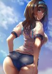  ass bangs blue_buruma blue_eyes blue_sky blush breasts brown_hair buruma commentary_request day gym_shirt hair_between_eyes hairband highres hips idolmaster idolmaster_cinderella_girls large_breasts long_hair looking_at_viewer looking_back nohito parted_lips sagisawa_fumika shirt sky solo sweat white_shirt 