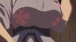  1girl animated animated_gif breasts brown_hair gigantic_breasts green_eyes hoods_entertainment japanese_clothes kaneko_hiraku kimono manyuu_hikenchou ofuji waitress wink yukata 