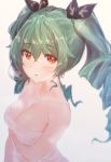  anchovy bangs blush breasts cleavage collarbone drill_hair eyebrows_visible_through_hair girls_und_panzer green_hair hair_between_eyes hair_ribbon highres lips long_hair looking_at_viewer medium_breasts naked_towel open_mouth parted_lips red_eyes ribbon rorona_s. solo towel twin_drills twintails upper_body 