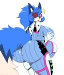  2018 absurd_res anthro bar_emanata big_breasts big_butt biped black_nose blizzard_entertainment blue_body blue_fur blue_hair blush breasts butt canid canine clothed clothing cosplay curvy_figure d.va_(overwatch) digital_media_(artwork) emanata eye_patch eyelashes eyewear female fox fur hair heart_eye_patch heart_symbol hi_res huge_breasts huge_butt lazuli_(doggod.va) legwear mammal midriff multicolored_body multicolored_fur navel overwatch pink_eyes rear_view shinyillusionz skinsuit slightly_chubby solo sssonic2 standing thick_thighs thigh_highs tight_clothing voluptuous white_body white_fur wide_hips 