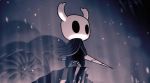  artist_request blade bug cloak hollow_eyes hollow_knight knight_(hollow_knight) night night_sky official_art sky solo white_helmet 