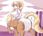  blonde_hair centaur centorea_shianus_(monster_musume) diaper equine equine_taur feces female green_eyes hair hi_res horse humanoid mammal monster_musume ponytail scat soiling solo stink_lines swootydoo taur 