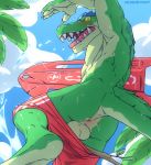  absurd_res anthro anus assisted_exposure backsack balls blush branch claws clothing cloud crocodilian embarrassed exposed eyewear green_scales green_skin green_tail hi_res league_of_legends low-angle_view male mugheyart multicolored_skin muscular muscular_male open_mouth outside palm_tree perineum renekton reptile riot_games scales scalie solo sunglasses surfboard swimming_trunks swimsuit teeth tongue tree video_games wardrobe_malfunction wet yellow_eyes yellow_scales yellow_sclera yellow_tail 