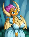  2018 aged_up anthro big_breasts blush breasts cleavage clothed clothing digital_media_(artwork) dragon dress eyelashes eyeshadow female friendship_is_magic hi_res looking_at_viewer makeup my_little_pony non-mammal_breasts smolder_(mlp) solo suirano wings 