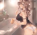  ass bababababan bangs bare_shoulders black_shirt breasts brown_eyes brown_hair brushing_teeth camisole covered_nipples cup eyebrows_visible_through_hair holding holding_cup indoors large_breasts long_hair looking_at_viewer looking_back mug open_mouth original panties shirt sink solo strap_slip toothbrush underwear white_panties 