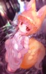  1girl animal_ears blonde_hair blush dress dutch_angle female fox_ears fox_tail ishimizu08 looking_at_viewer original partially_submerged red_eyes ringed_eyes see-through solo tail water wet wet_clothes 