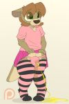  2018 anthro backsash brown_fur bulge clothed clothing clothing_lift crossdressing digital_media_(artwork) fur girly green_eyes hair legwear male mammal mustelid otter peeing shirt simple_background skirt skirt_lift solo standing stockings tongue tongue_out underwear urine watersports wetting 