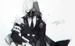  broken_glass broken_mask capelet commentary formal gas_mask ghost_(senjuushi) glass grey_eyes hair_ornament senjuushi:_the_thousand_noble_musketeers short_hair shoulder_spikes solo spikes suit symbol_commentary white_hair xdakn 
