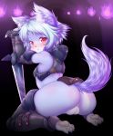  2018 anthro anus armor black_nose blue_hair blush butt canine clothed clothing female fire fur hair kneeling looking_at_viewer mammal melee_weapon open_mouth pawpads paws pink_eyes purple_fur pussy solo sword syrup_(artist) weapon young 
