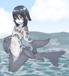  1girl black_hair bottomless female fins gills ishimizu08 jewelry monster_girl necklace ocean original outdoors partially_submerged see-through shark_girl shark_tail solo water wet wet_clothes 