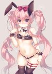  1girl animal_ears black_legwear blush bow bow_panties braid breasts bunny_ears copyright_request eyebrows_visible_through_hair hair_bow hair_ribbon hat highres long_hair looking_at_viewer navel panties pink_hair pink_hat purple_eyes red_bow ribbon small_breasts solo suzunone_rena thighhighs twintails underwear very_long_hair 