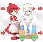  1girl 2018 ae-3803 apron bangs beret black_eyes brown_eyes captain_yue commentary directional_arrow erythroblast_(hataraku_saibou) flat_cap hair_over_one_eye hat hataraku_saibou highres honeycomb_(pattern) myelocyte_(hataraku_saibou) puffy_short_sleeves puffy_sleeves red_footwear red_hair red_hat red_shirt red_skirt shirt shoes short_hair short_shorts short_sleeves shorts sitting skirt standing symbol_commentary twitter_username u-1146 white_apron white_footwear white_hair white_hat white_shirt white_shorts white_skirt younger 