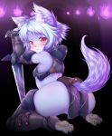  2018 anthro armor black_nose blue_hair blush butt canine clothed clothing female fire fur hair kneeling looking_at_viewer mammal melee_weapon open_mouth pawpads paws pink_eyes purple_fur solo sword syrup_(artist) weapon 