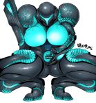  1girl armor bioluminescence breasts breasts_outside censored crouching dark_samus dated female helmet inverted_nipples large_breasts metroid metroid_prime nintendo nipples pussy simple_background solo tetugakuzonbi white_background 