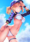  artoria_pendragon_(all) bad_proportions baseball_cap bikini blonde_hair blue_eyes blue_hat blue_sky breasts cloud commentary day dutch_angle fate/grand_order fate_(series) hat large_breasts long_sleeves looking_at_viewer mysterious_heroine_xx_(foreigner) navel one_eye_closed outdoors ponytail ryuinu shrug_(clothing) side-tie_bikini sidelocks sky solo standing sun sunlight swimsuit symbol_commentary white_bikini wristband 