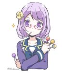  aikatsu!_(series) aikatsu_stars! bow bowtie candy chupa_chups commentary eyebrows_visible_through_hair flower food food_in_mouth glasses hair_flower hair_ornament holding lollipop long_sleeves looking_at_viewer nanakura_koharu pink-framed_eyewear purple_eyes purple_hair riku_kanna school_uniform semi-rimless_eyewear short_hair solo sparkle twitter_username under-rim_eyewear yotsuboshi_academy_uniform 