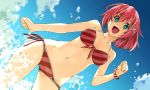  aqua_eyes bikini blue_sky bracelet cloud cross_hair_ornament day dutch_angle from_below hair_ornament highres jewelry navel open_mouth original red_hair shikei short_hair side-tie_bikini sky solo striped striped_bikini swimsuit water 