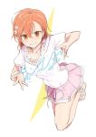  biribiri blouse brown_eyes brown_hair casual collarbone electricity full_body hair_ornament hairclip hairpin misaka_mikoto open_toe_shoes pinch_(nesume) pink_skirt short_hair simple_background skirt solo to_aru_kagaku_no_railgun to_aru_majutsu_no_index white_background white_blouse white_footwear 