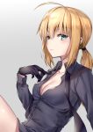  ahoge artoria_pendragon_(all) bangs black_gloves blonde_hair blush breasts buttons cleavage collarbone collared_shirt dress_shirt eyebrows_visible_through_hair fate/zero fate_(series) frown gloves gradient gradient_background green_eyes grey_background hair_between_eyes hane_yuki highres lips long_hair long_sleeves looking_at_viewer medium_breasts necktie ponytail saber shiny shiny_hair shirt solo unbuttoned untied white_background 