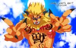  2018 abs blonde_hair blue_eyes claws digimon digimon_(species) ear_piercing erection fangs feline hair hi_res leomon logan_sato male mammal mane muscular nipples nude penis piercing pose scar sky smile solo text translation_request vein veiny_penis 