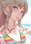  bare_arms bikini blonde_hair blue_eyes blue_sky blurry blurry_background breasts cleavage day earrings eyebrows_visible_through_hair face fingernails flower_earrings hand_up idolmaster idolmaster_cinderella_girls idolmaster_cinderella_girls_starlight_stage jewelry long_hair looking_at_viewer medium_breasts nail_polish necklace nose ocean ootsuki_yui outdoors pendant pink_nails ponytail rainbow_bikini sawarakajin shaved_ice sky solo spoon_in_mouth striped striped_bikini swimsuit underboob 