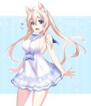  :d animal_ears blonde_hair blue_eyes bow breasts cat_ears cat_tail dated dress eyebrows_visible_through_hair heart konshin large_breasts long_hair open_mouth original phantasy_star phantasy_star_online_2 sideboob signature smile solo standing tail twintails white_dress 