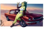  ailaanne alcohol beer beverage breasts car clothed clothing crop_top cutoffs denim_shorts desert female ford green_skin hair humanoid midriff navel orc outside pinup pose shirt shorts solo vehicle 