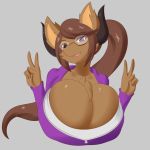  2018 anthro big_breasts bovine breasts brown_fur brown_hair canine cattle chest_tuft clothed clothing eyewear female fur glasses hair horn huge_breasts hybrid jcdr looking_at_viewer mammal open_mouth sliceofppai_(artist) smile solo swan_lovejoy tongue tuft wolf 