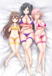  bikini black_hair blue_eyes breasts brown_eyes brown_hair cleavage closed_eyes commentary_request dakimakura flat_chest full_body hair_ornament hairband hairclip hand_on_own_face hand_on_own_thigh hands_on_own_chest hands_on_own_stomach highres kazami_yuri knees_together_feet_apart large_breasts legs long_hair long_legs lying multiple_girls navel on_back open_mouth pink_bikini pink_hair pink_swimsuit purple_bikini purple_swimsuit see-through short_hair side_ponytail smile sunoharasou_no_kanrinin-san swimsuit thigh_gap thighhighs toes vakamega_bongu_0505 white_legwear yamanashi_sumire yellow_bikini yellow_swimsuit yukimoto_yuzu 