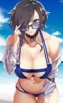  ark_royal_(azur_lane) azur_lane bare_shoulders beach bikini blue_bikini blue_eyes breasts cleavage collarbone d_kurouri day detached_sleeves eyewear_pull hair_over_one_eye highres large_breasts leaning_forward long_hair looking_over_eyewear navel o-ring o-ring_bikini purple-framed_eyewear raised_eyebrow skindentation sky smile solo sunglasses swimsuit thigh_gap thighs 