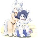 2017 blue_eyes canine clothing eyes_closed female fur male mammal swimsuit towel wet whywhyouo young 