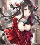  ascot black_hair blush breasts brooch building cleavage cleavage_cutout commentary_request dress highres jewelry large_breasts long_hair looking_at_viewer original parted_lips red_dress red_eyes rin_yuu sidelocks solo standing wind 