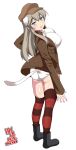  animal_ears ass blue_eyes blush breasts brown_hair eyebrows_visible_through_hair hand_on_hip hat highres jacket large_breasts long_hair looking_at_viewer looking_back moskva open_mouth panties simple_background smile solo striped striped_legwear tail thighhighs underwear white_background wilma_bishop world_witches_series 