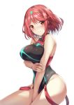 absurdres bare_shoulders between_legs black_swimsuit blush breast_hold breasts closed_mouth commentary earrings eyebrows_visible_through_hair hand_between_legs highres holding_own_arm homura_(xenoblade_2) jewelry large_breasts looking_at_viewer luzi one-piece_swimsuit red_eyes red_hair shiny shiny_clothes short_hair sidelocks simple_background skindentation solo star star_earrings swimsuit taut_clothes taut_swimsuit tiara white_background xenoblade_(series) xenoblade_2 