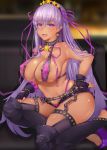  bb_(fate)_(all) bb_(swimsuit_mooncancer)_(fate) black_garter_belt breasts cleavage covered_nipples ctrlz77 earrings fate/grand_order fate_(series) garter_belt gold_trim hair_ornament hair_ribbon high_heels highres jewelry large_breasts lips long_hair looking_at_viewer nail_polish navel one_knee purple_eyes purple_hair purple_ribbon ribbon solo star star_earrings star_hair_ornament studded_garter_belt tan teeth thighhighs thighs toenail_polish very_long_hair 
