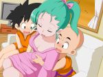  aaa_(nisetsuru) bald blush breast_grab breasts bulma cleavage couch dragon_ball dress eyes_closed floor grabbing green_hair high_ponytail highres indoors kuririn legs long_hair looking_at_another medium_breasts open_mouth orange_clothes pink_dress ponytail sitting sleeping snoring son_gokuu television thighs window 