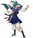  baggy_pants belt blue_headband blue_scarf book casting_spell collar collarbone commentary feathers fire_emblem fire_emblem:_seisen_no_keifu fire_emblem_heroes full_body green_eyes green_hair headband highres holding holding_book levin_(fire_emblem) lips male_focus medium_hair official_art open_mouth pants scarf solo striped striped_headband striped_scarf suda_ayaka teeth transparent_background white_pants wide_sleeves 